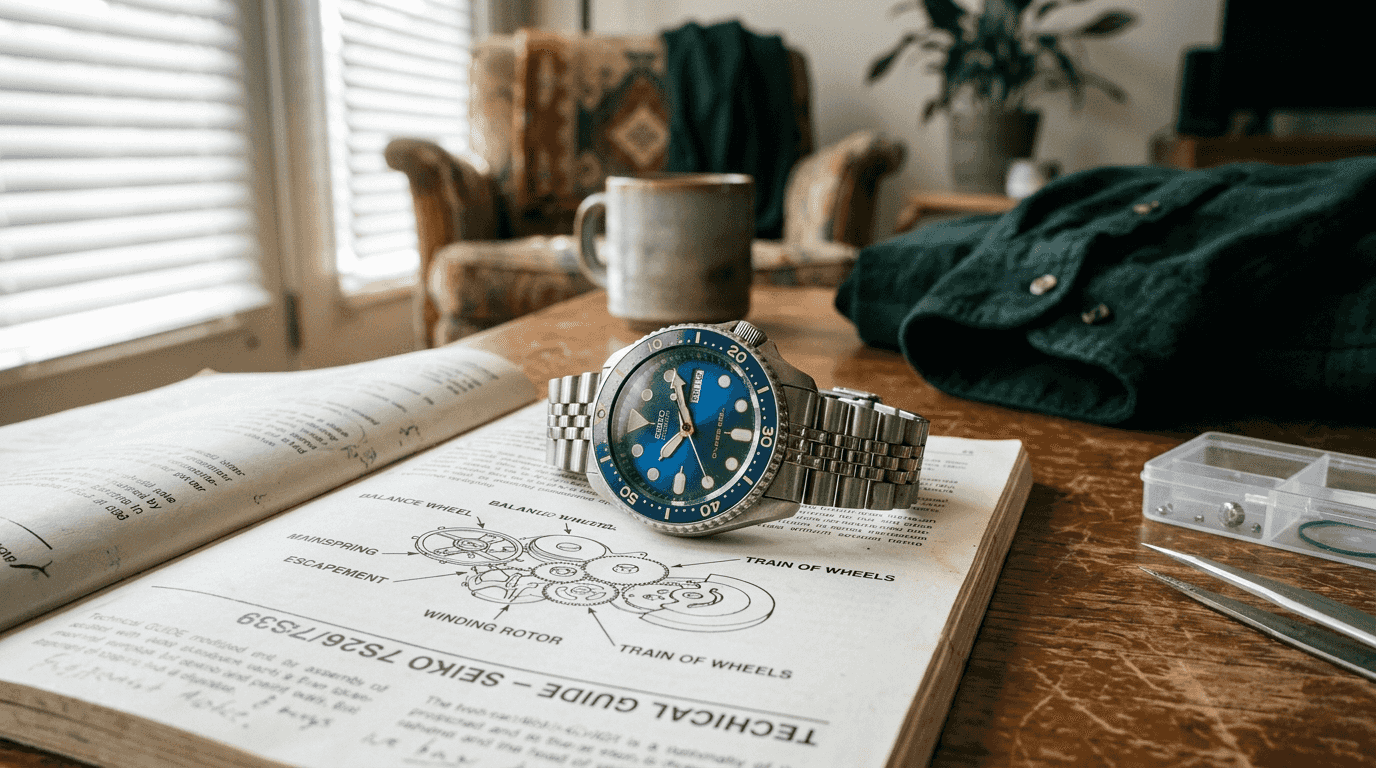 Custom Seiko watch with blue dial and toolkit