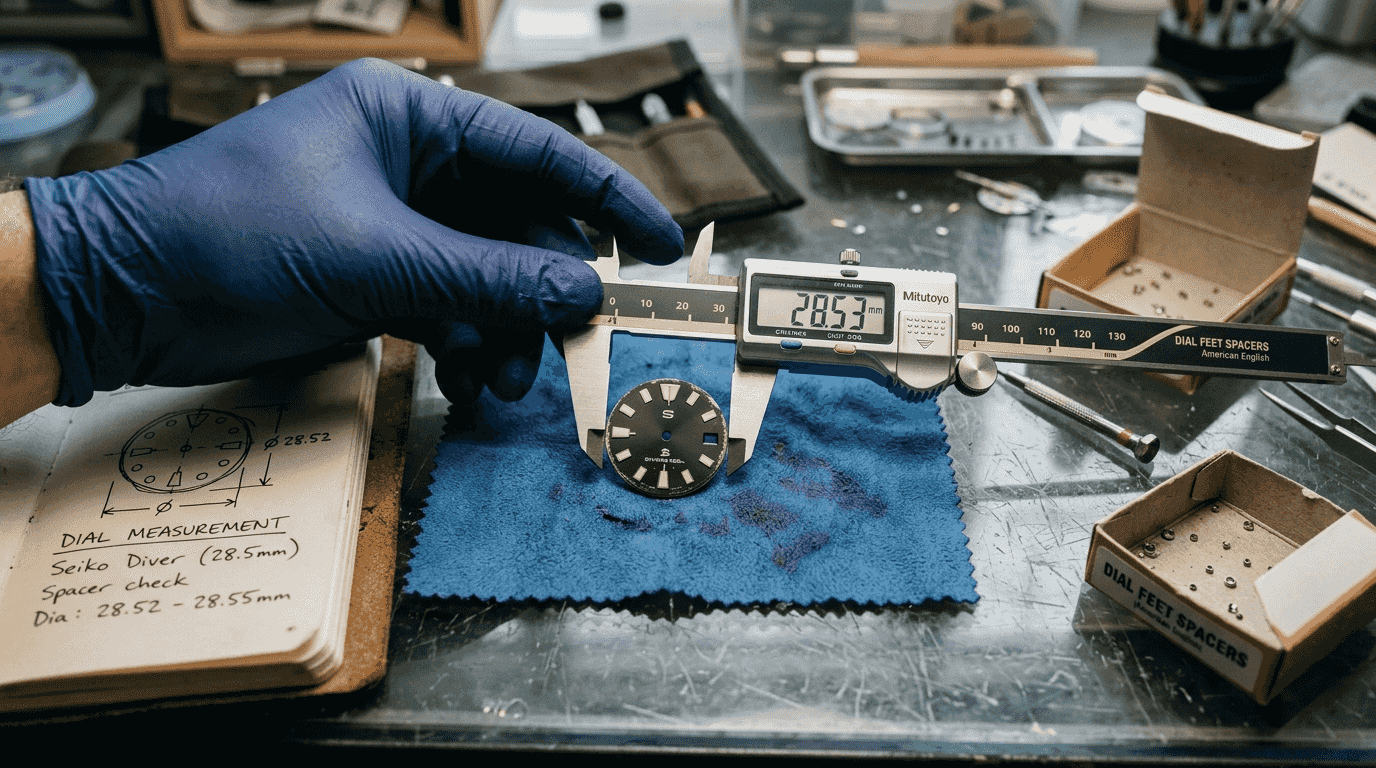 Calipers measuring Seiko watch dial diameter