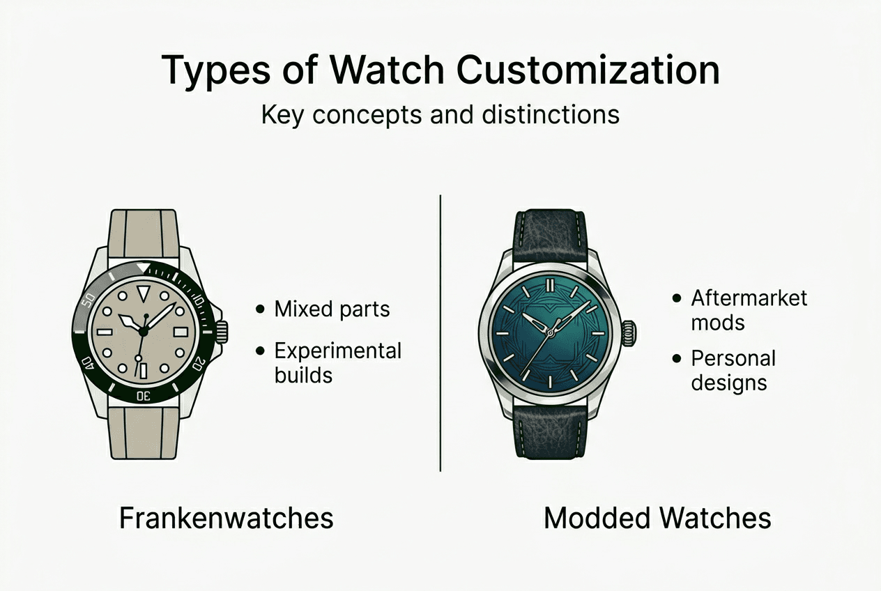 Infographic comparing Frankenwatches and modded watches
