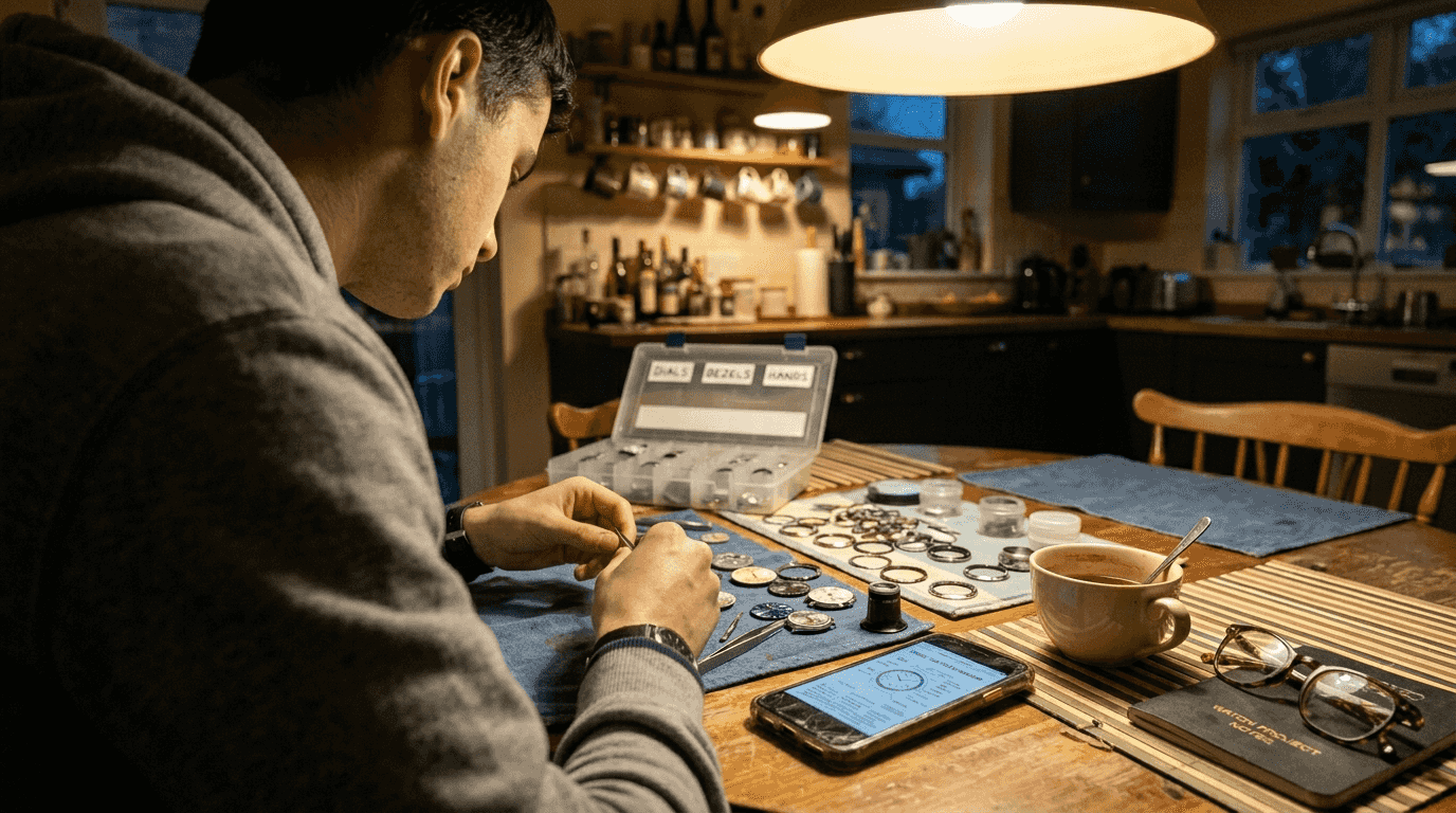Beginner sorting watch parts at kitchen table