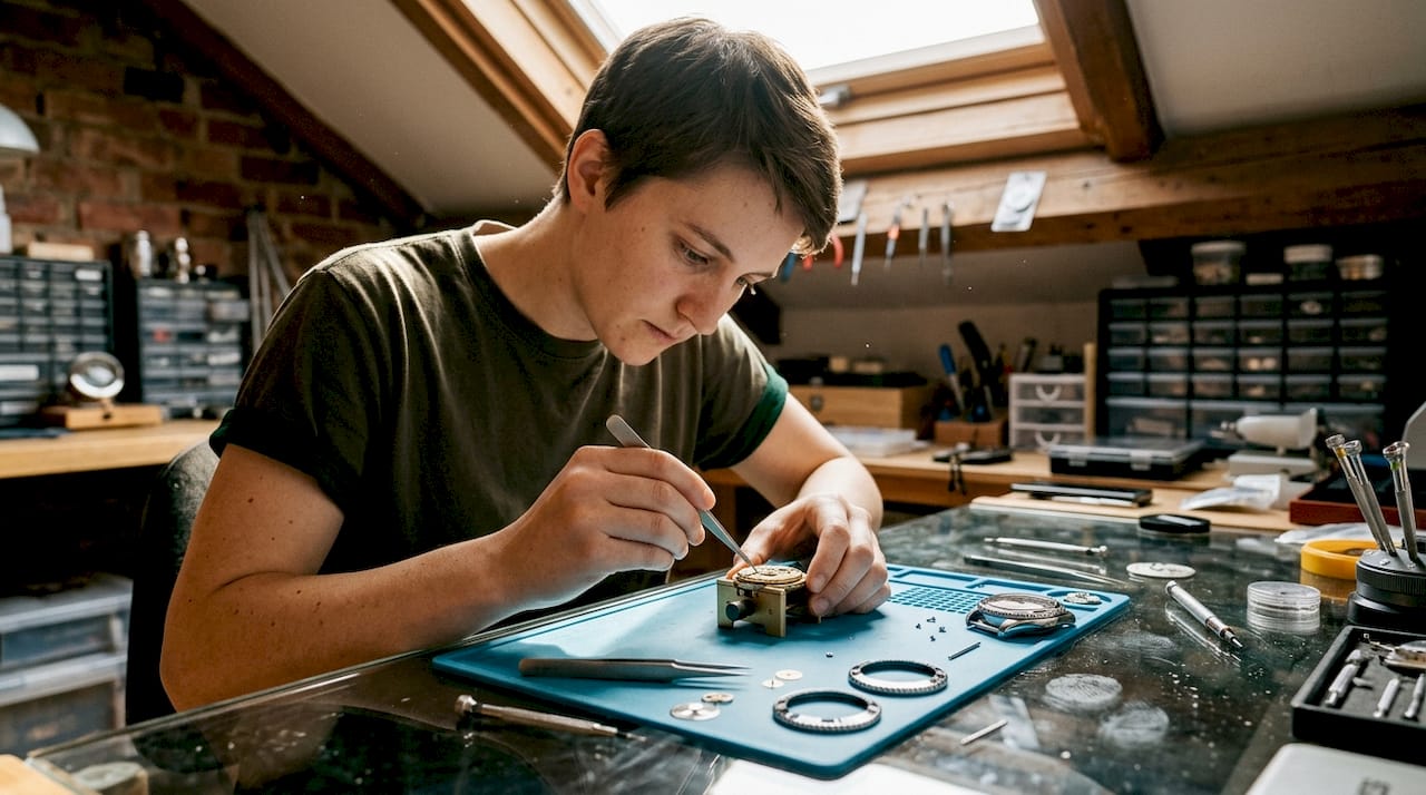 Hands installing new dial and bezel on Seiko