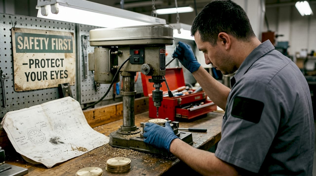 Technician drilling brass watch dial base
