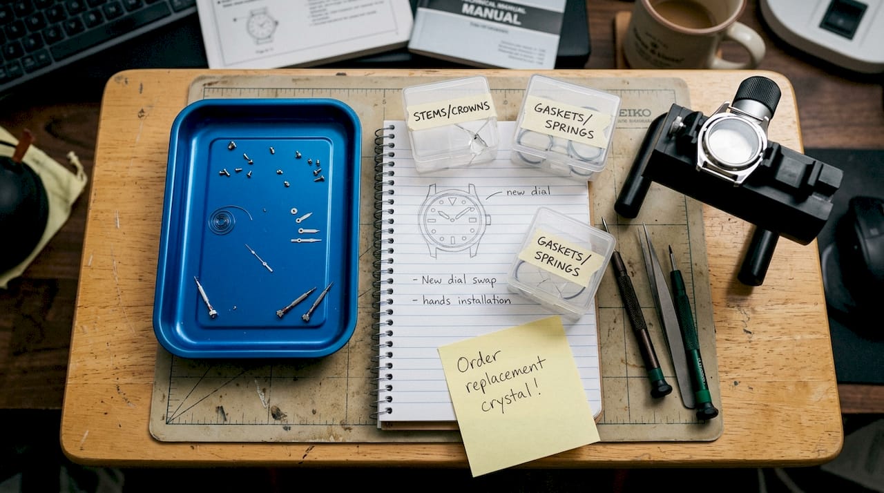 Organized desk for Seiko watch modding