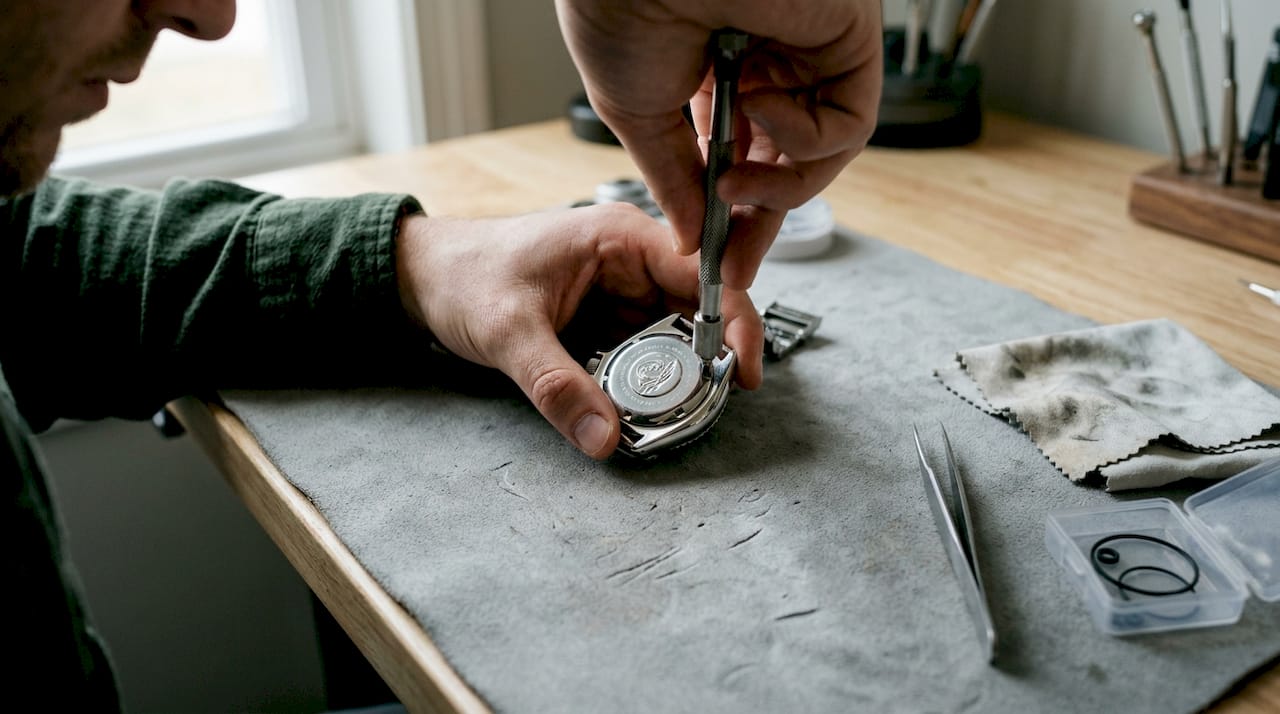 Hands tightening Seiko watch caseback carefully