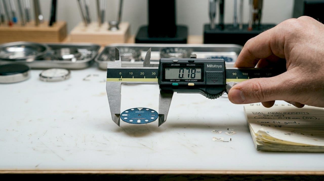 Technician measures custom watch dial thickness