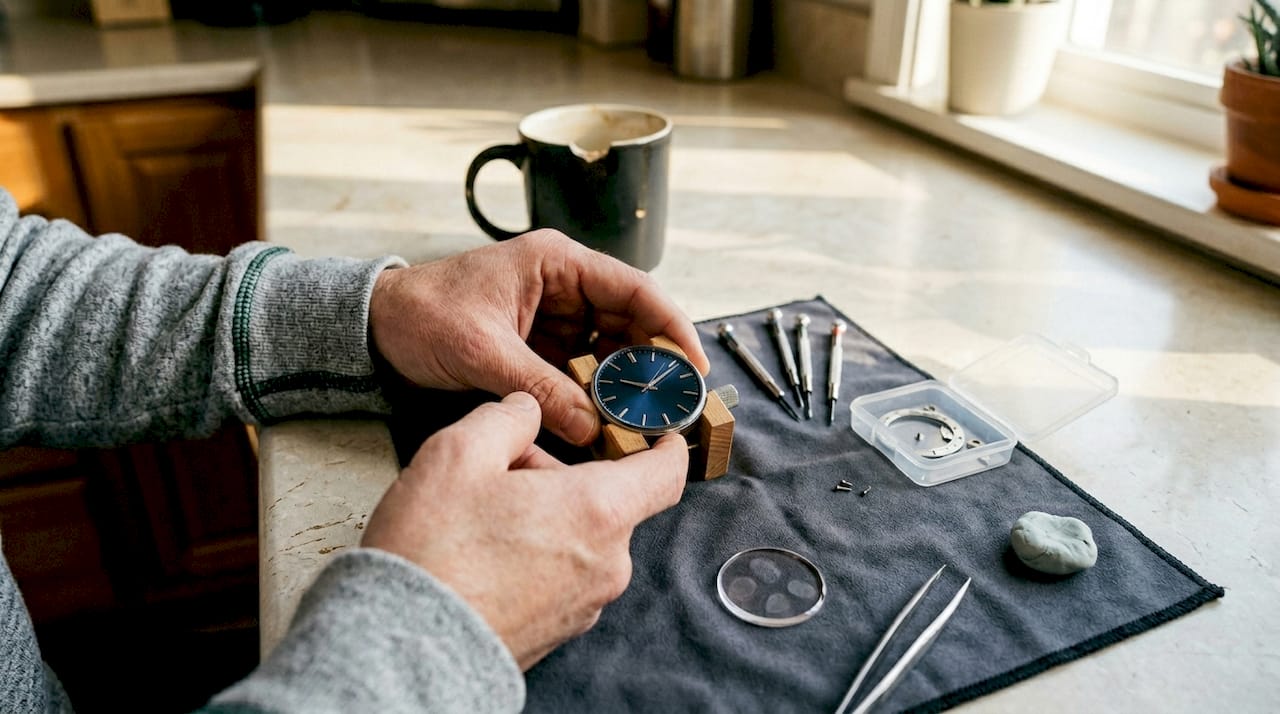 Hands installing watch hands at counter