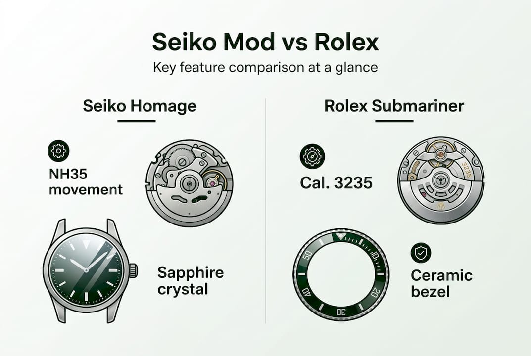 Infographic comparing Seiko mod and Rolex features