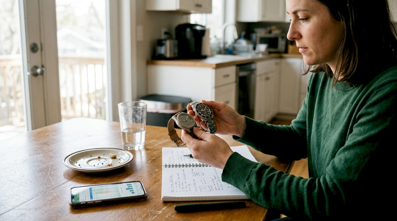 Woman comparing custom and branded watches at table