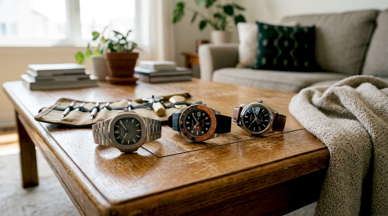 Custom Seiko mod watches displayed on table