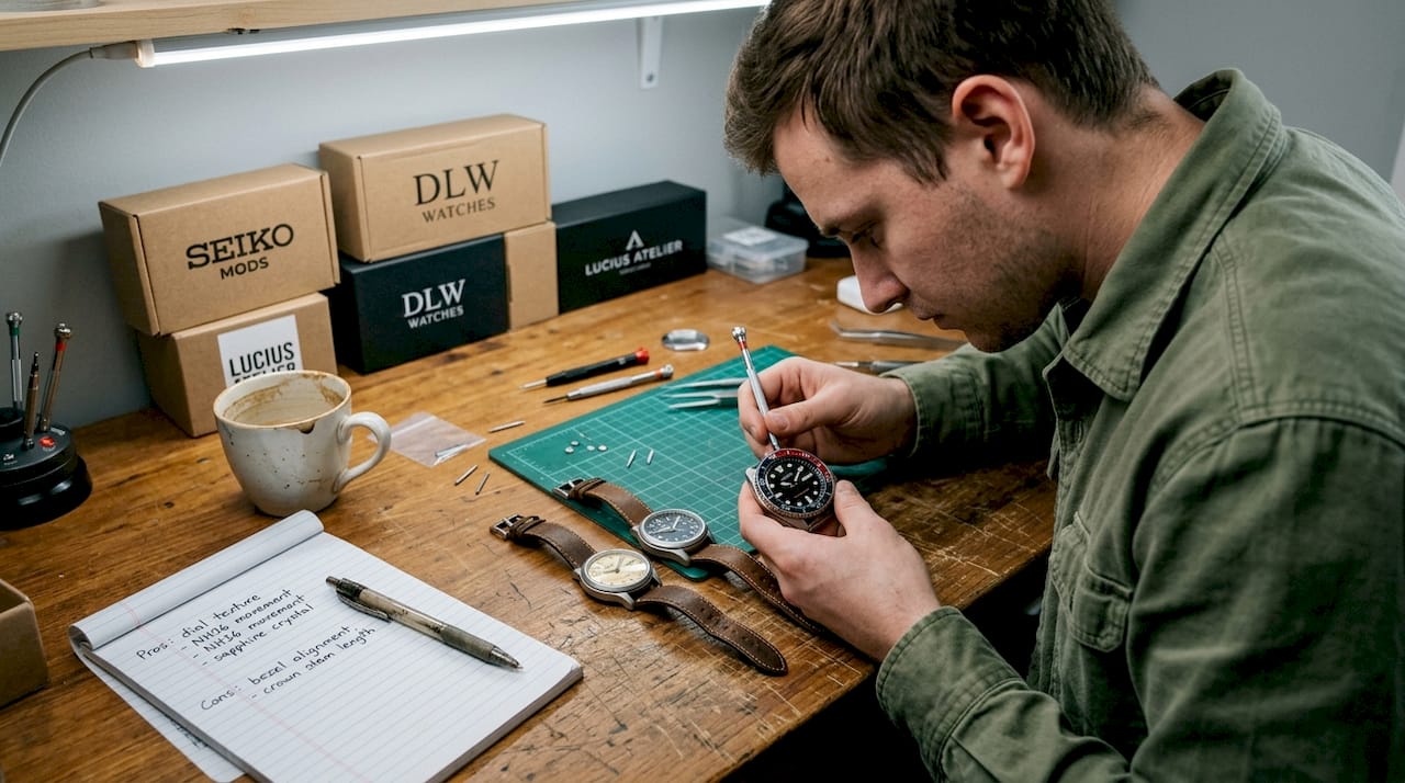 Comparing Seiko mod watches on workbench
