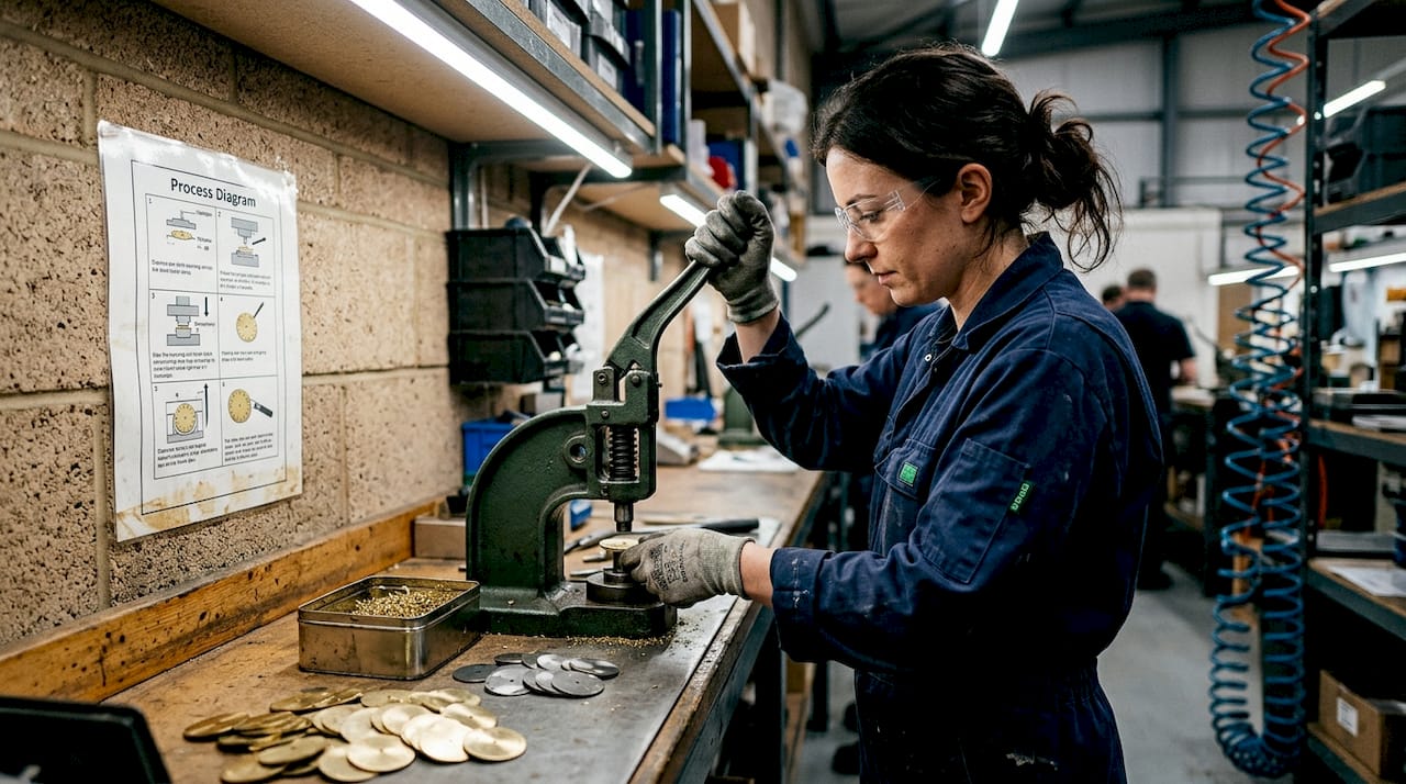 Technician prepping brass titanium dial blanks
