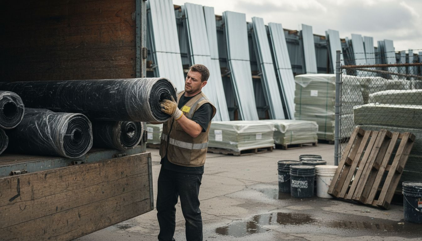 Worker unloading industrial roofing materials