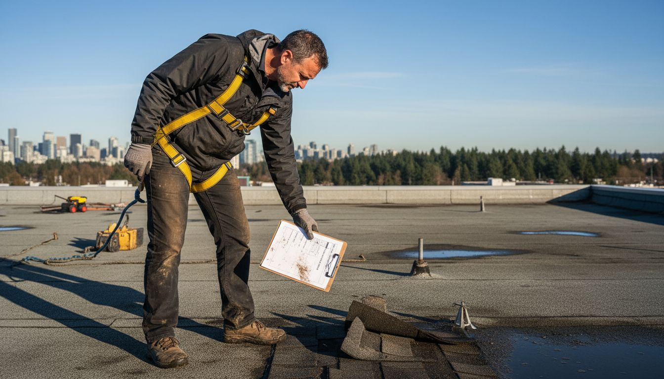 Property manager inspecting commercial building roof