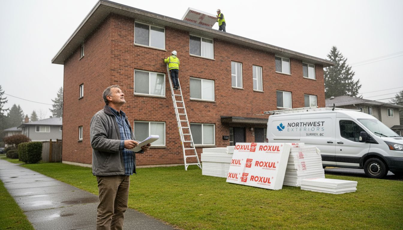 Property manager overseeing roof insulation installation