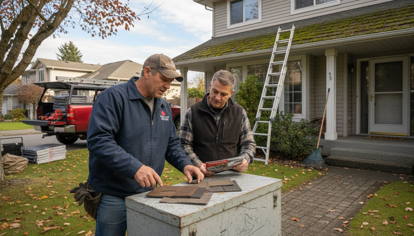 Contractor and homeowner review roof replacement samples