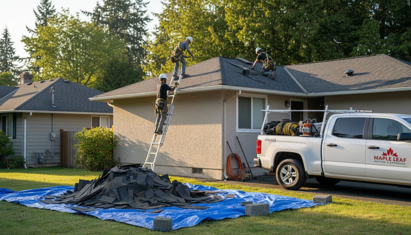 Workers reroof home with shingles and tools