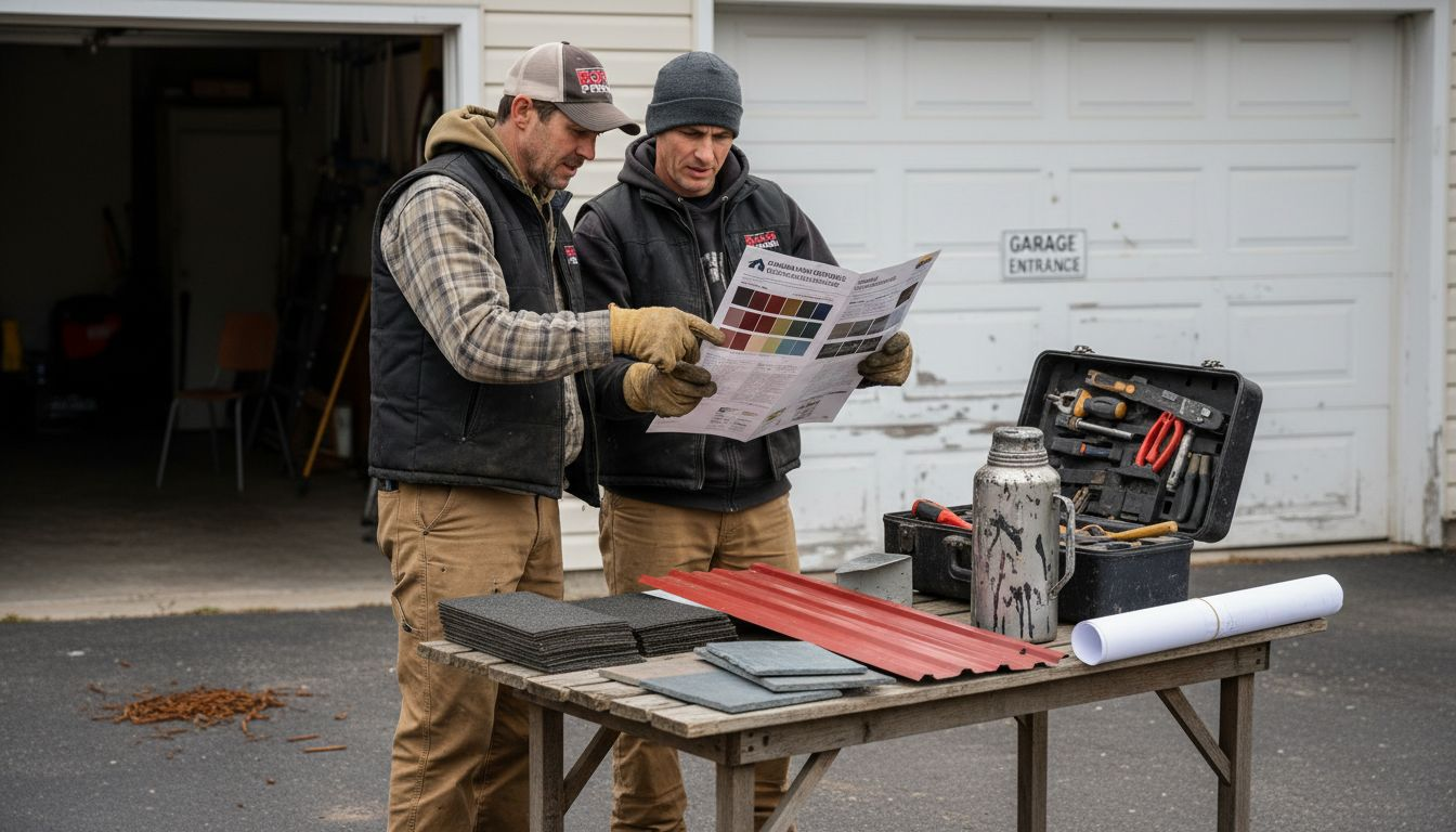 Roofers comparing roofing material samples