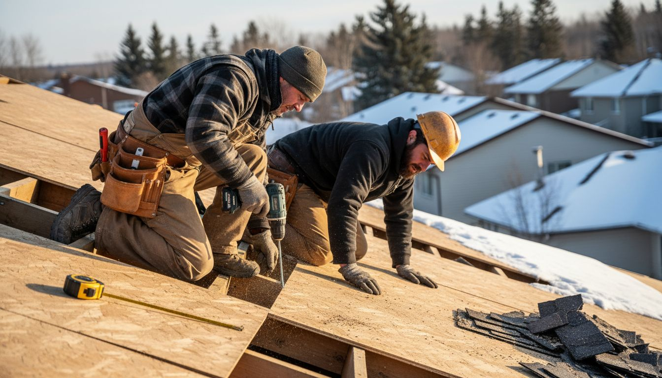 Roofers nailing plywood roof decking in Canada