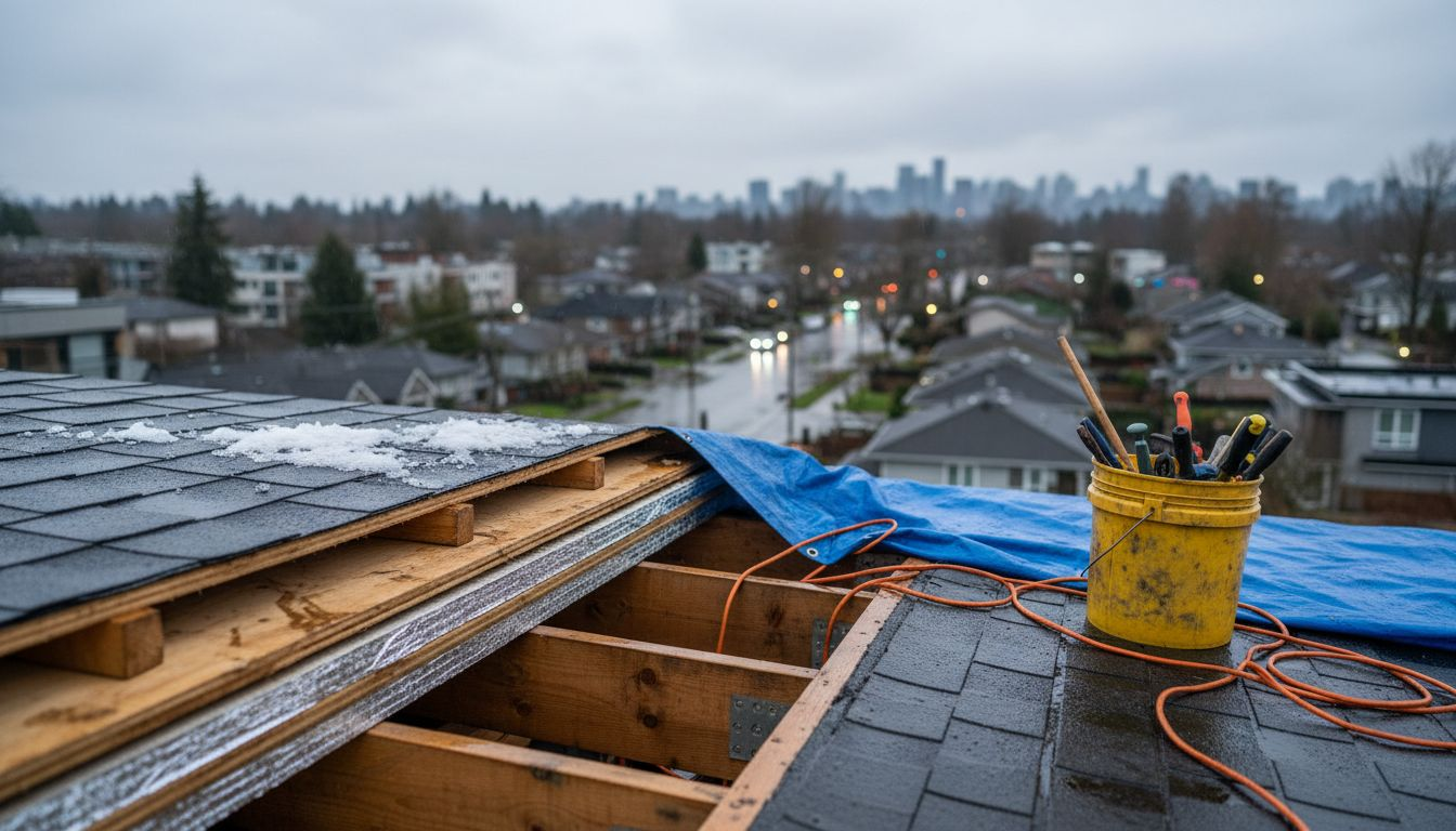 Close-up roof decking layers in snowy Burnaby
