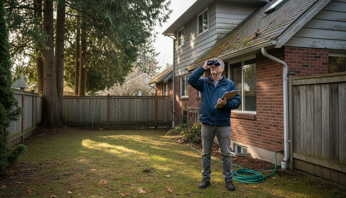 Homeowner inspecting Surrey roof from yard