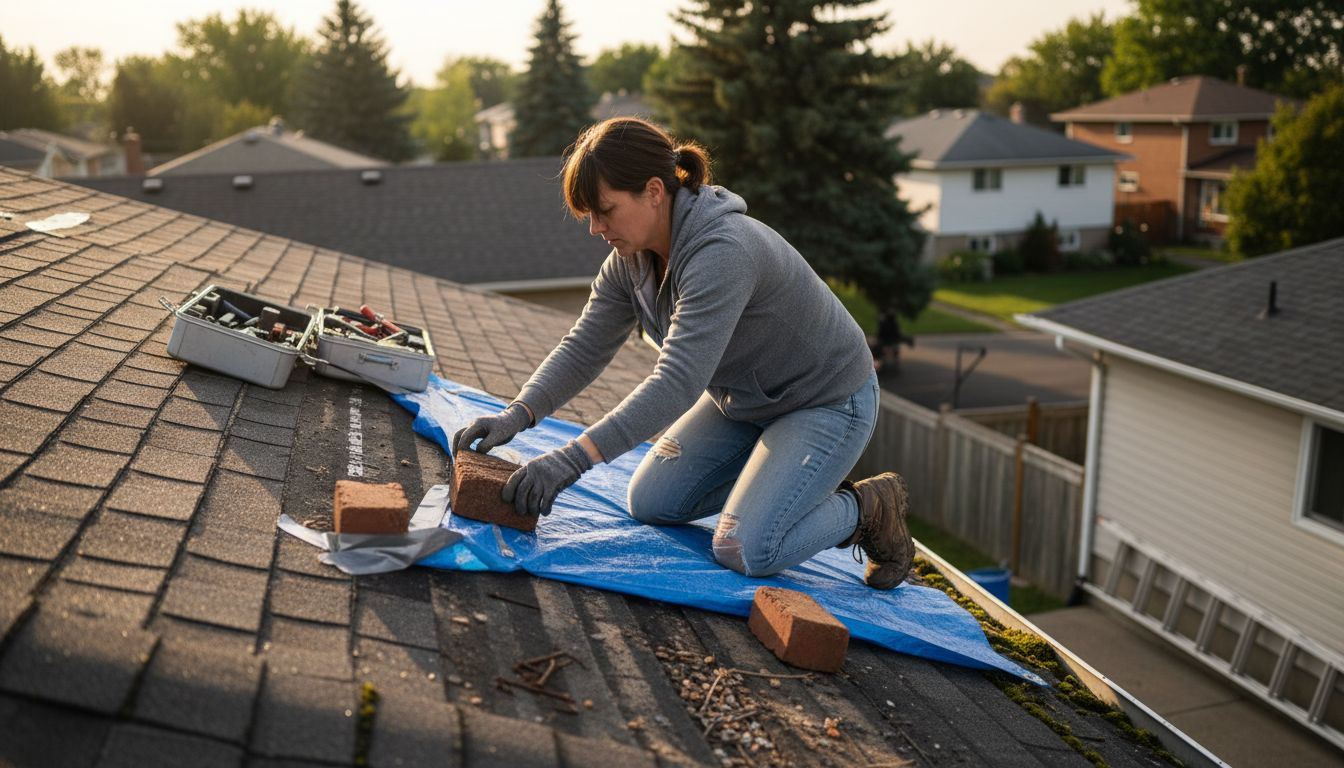 Woman securing tarp for roof repair