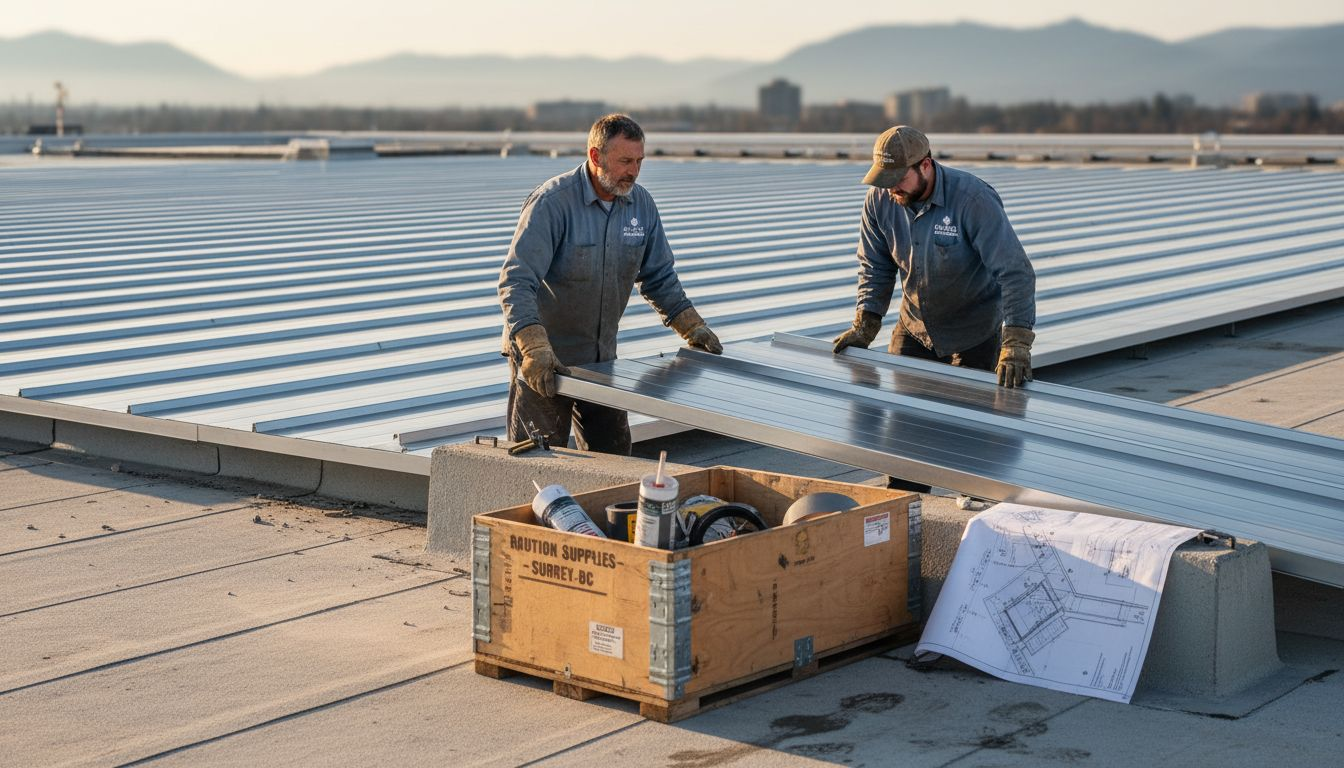 Crew installing metal roof panels in Surrey