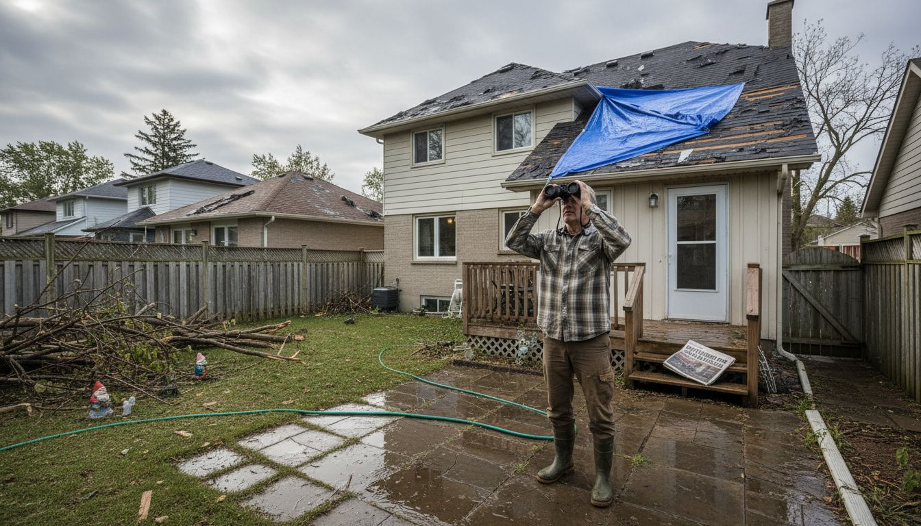 Homeowner assessing emergency roof damage after storm