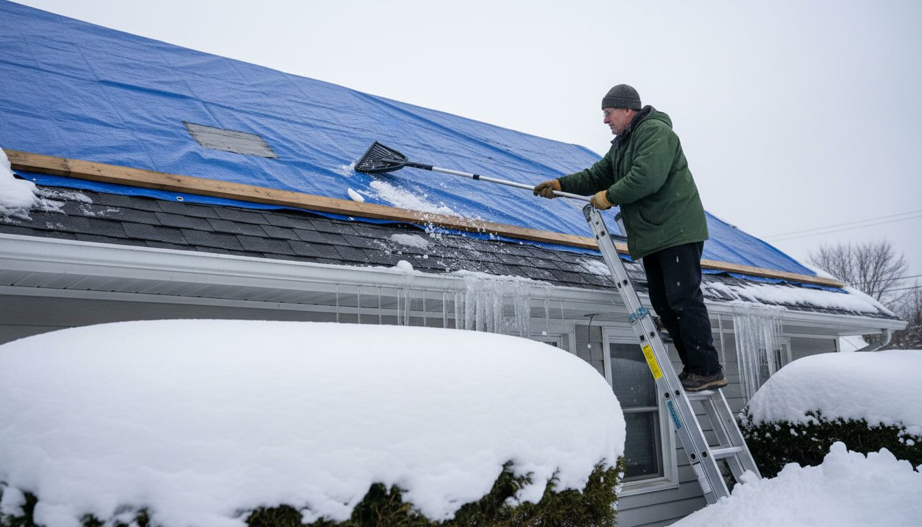 Man removing snow from damaged roof with tarps