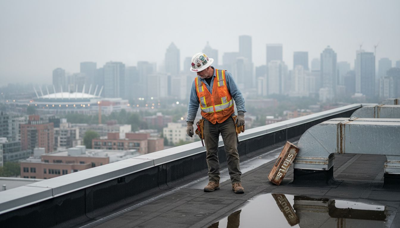 Roofer inspecting flat commercial rooftop in city