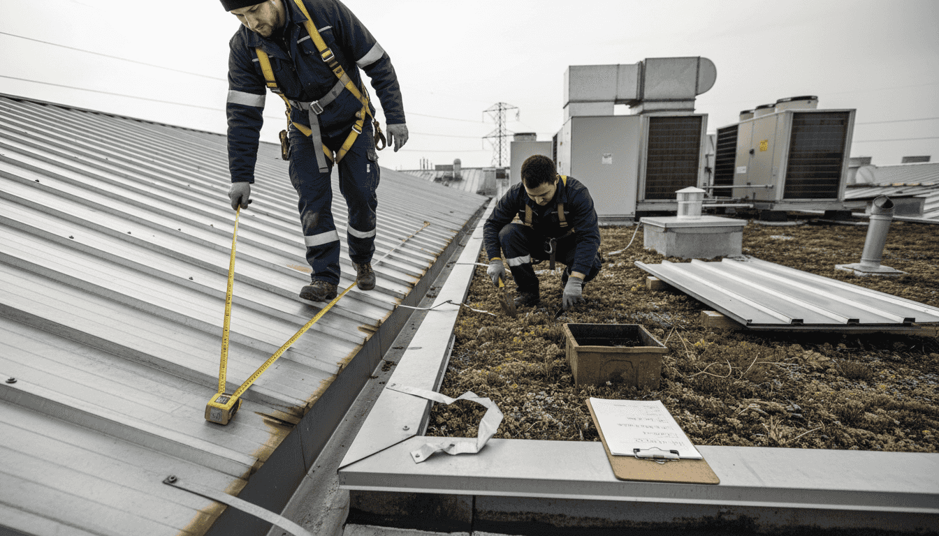 Workers comparing metal and green commercial roofs