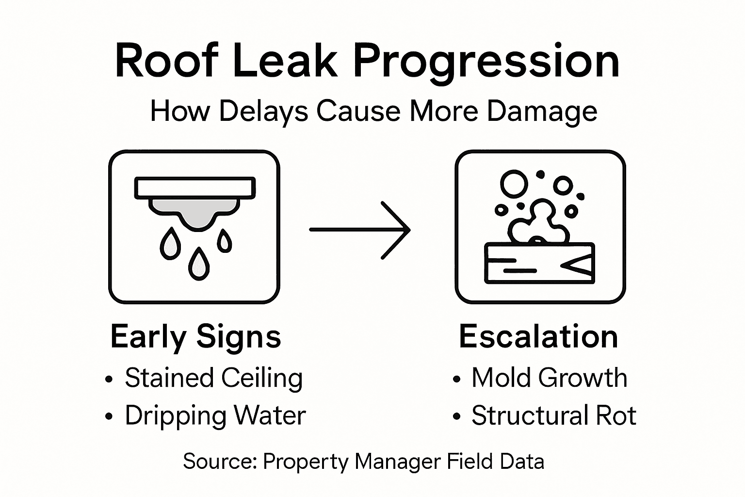 Infographic showing roof leak signs and escalation