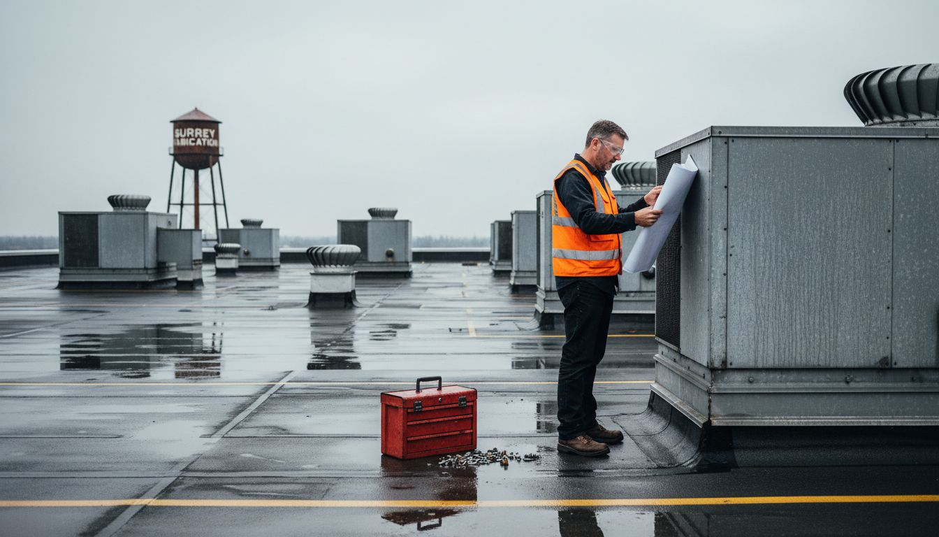 Manager inspecting large industrial rooftop in Surrey