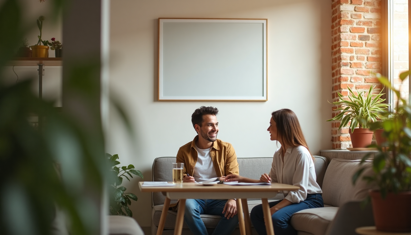 Dos profesionales conversan mostrando posturas abiertas y cartel de posturas profesionales