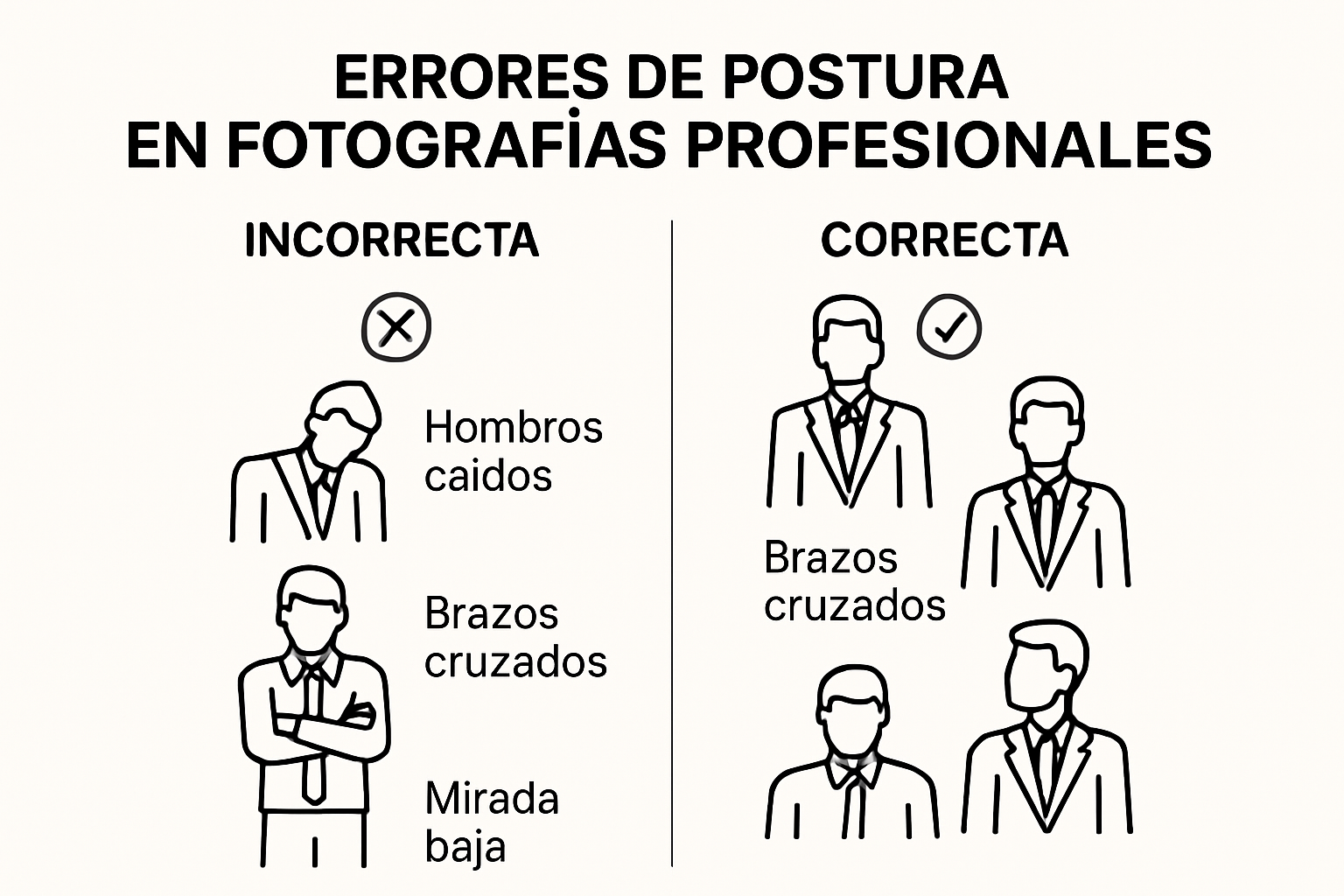 Infografía que compara posturas incorrectas y correctas en fotos profesionales