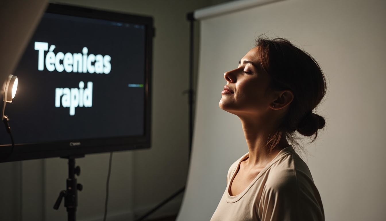 Person practices deep breathing in photo studio with Spanish text on screen