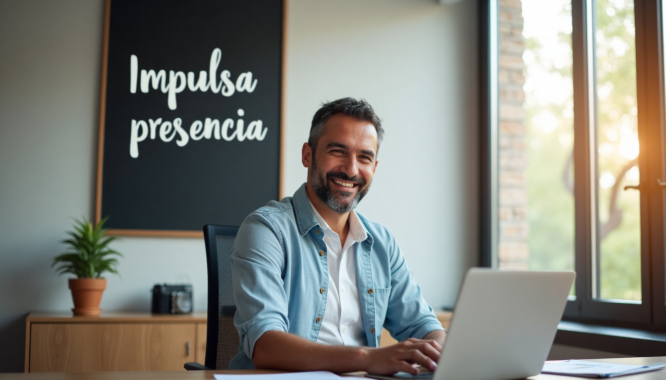 Professional sits relaxed at office desk with Spanish text poster behind