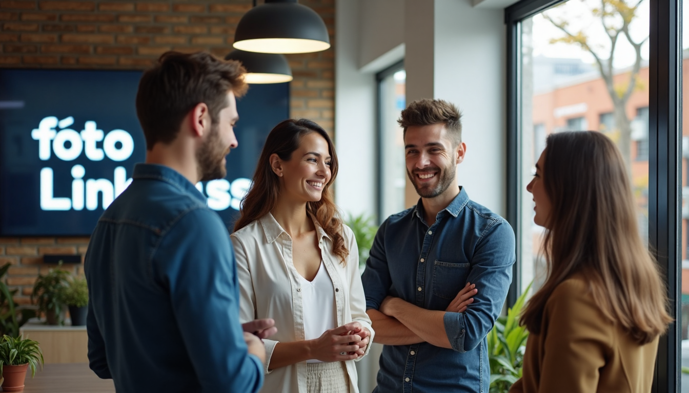 Professionals networking in a coworking office with 'foto LinkedIn' on digital display