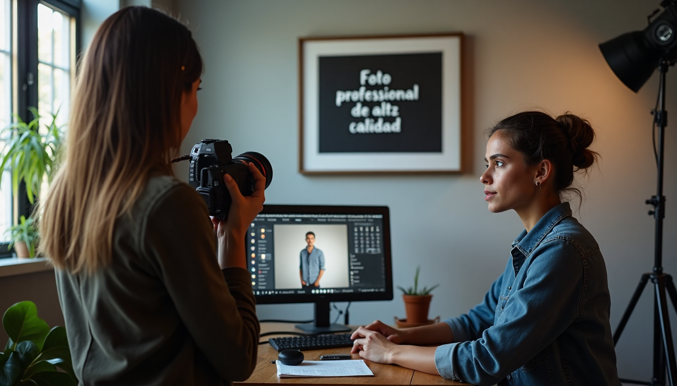 Fotógrafo y profesional revisando fotos en estudio iluminado