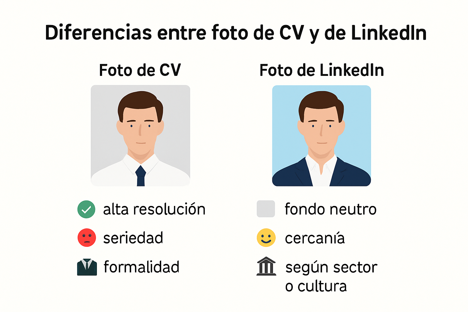 Infografía visual sobre diferencias entre foto para CV y LinkedIn