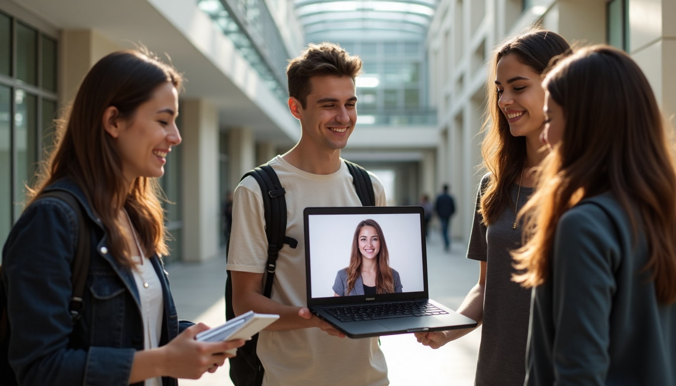 University students reviewing professional headshot on laptop in hallway