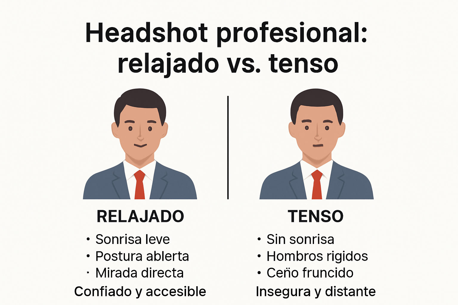 Comparación visual entre posturas relajada y tensa en headshot profesional.