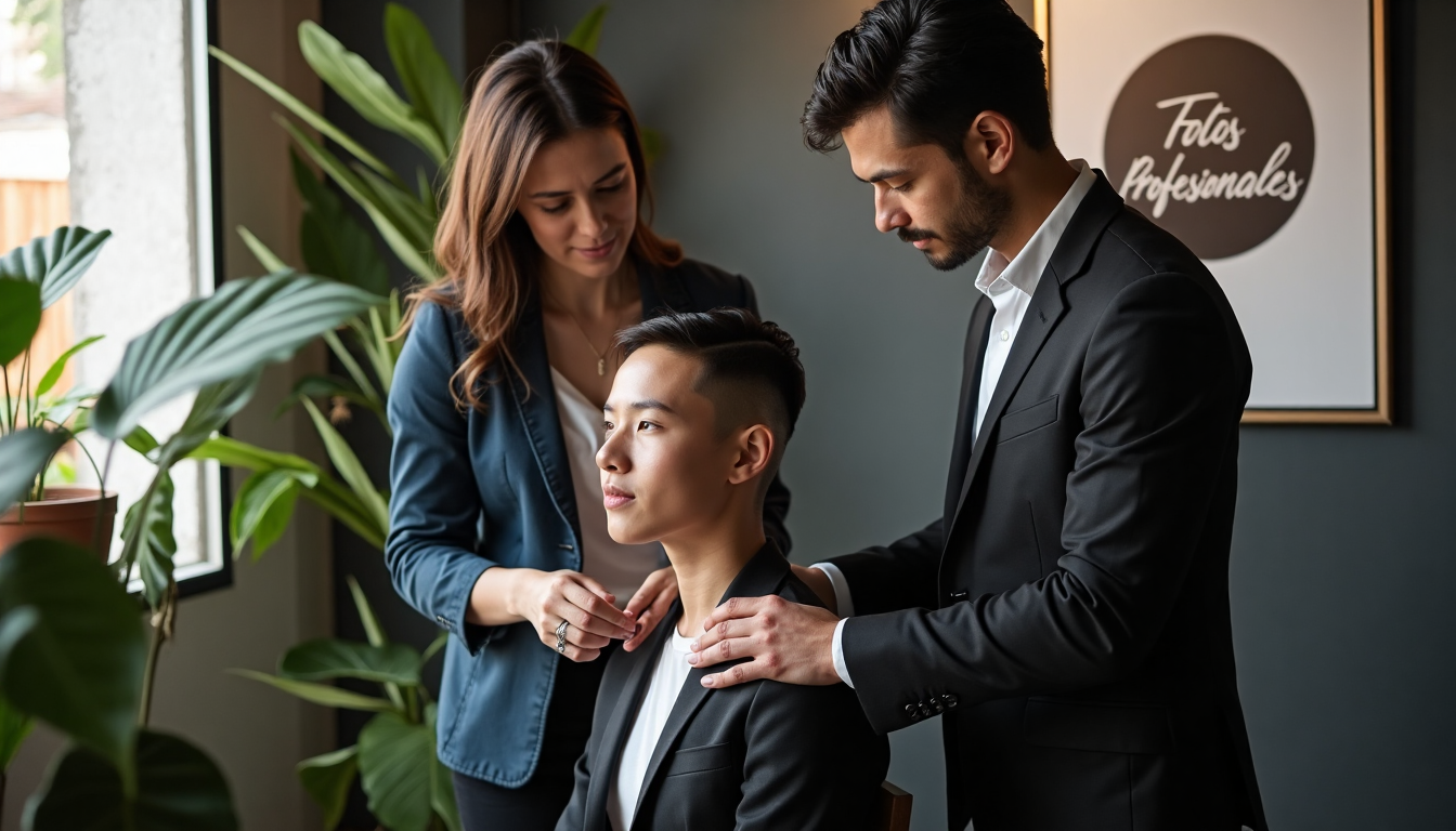 Photo studio with person getting a professional portrait and modern haircut