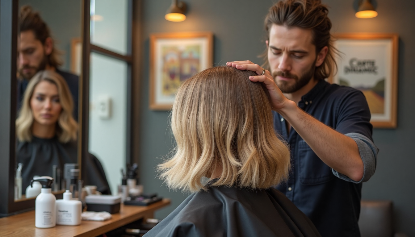 Salon scene with stylist giving client a layered bob cut