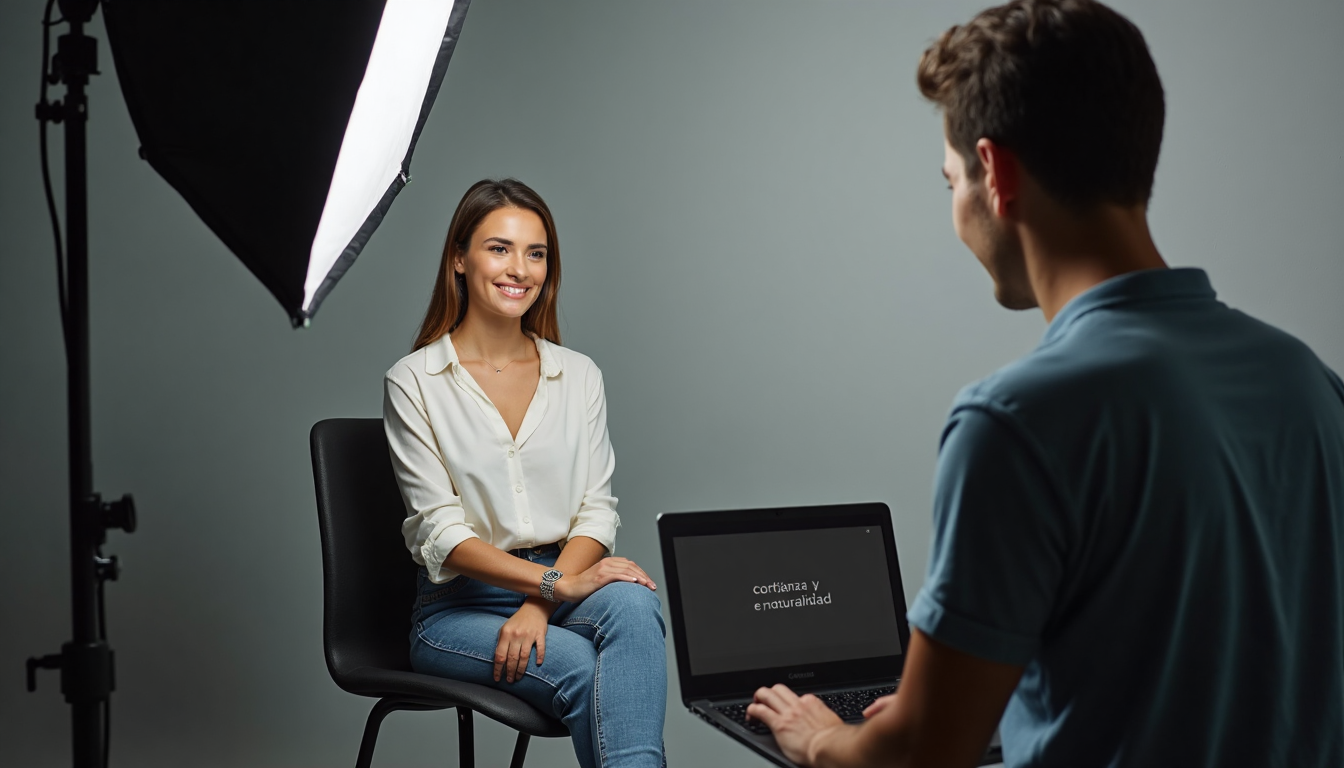 Profesional posando para headshot con fondo neutro y luz suave.
