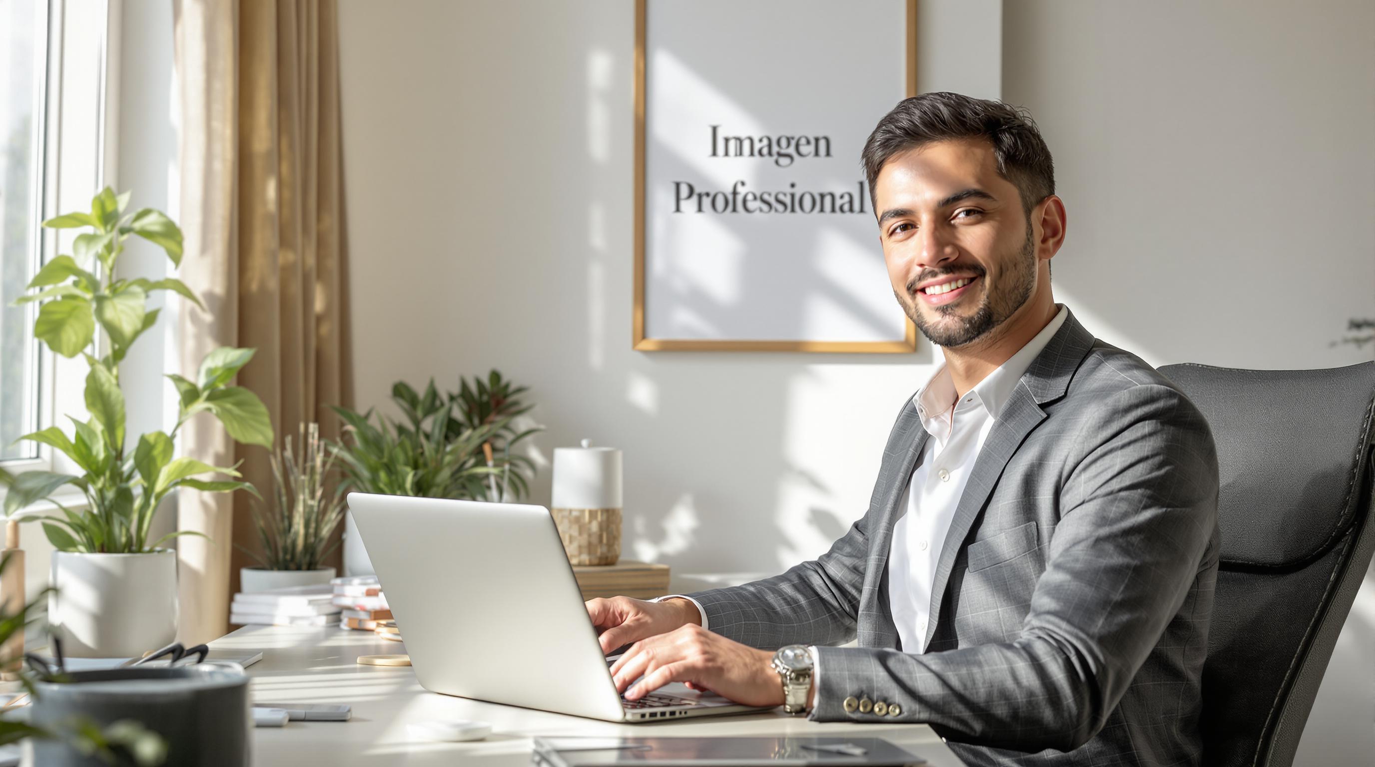 Freelancer in home office with 'Imagen Profesional' poster
