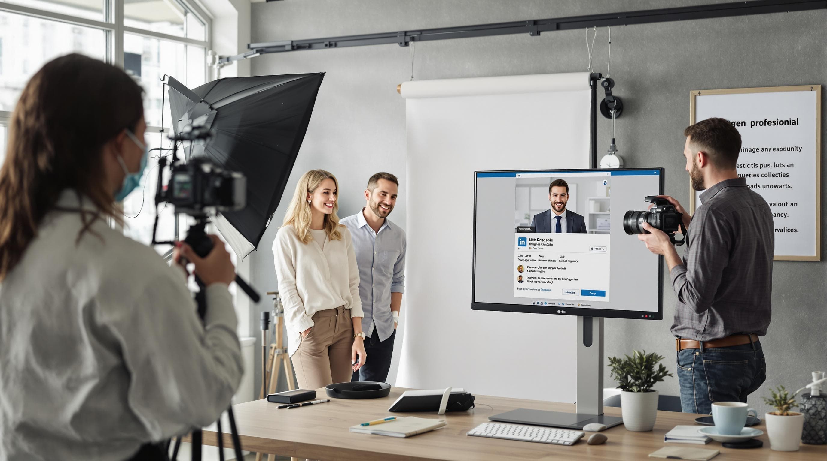 Professionals photographed in office for online profiles, inspiring presence