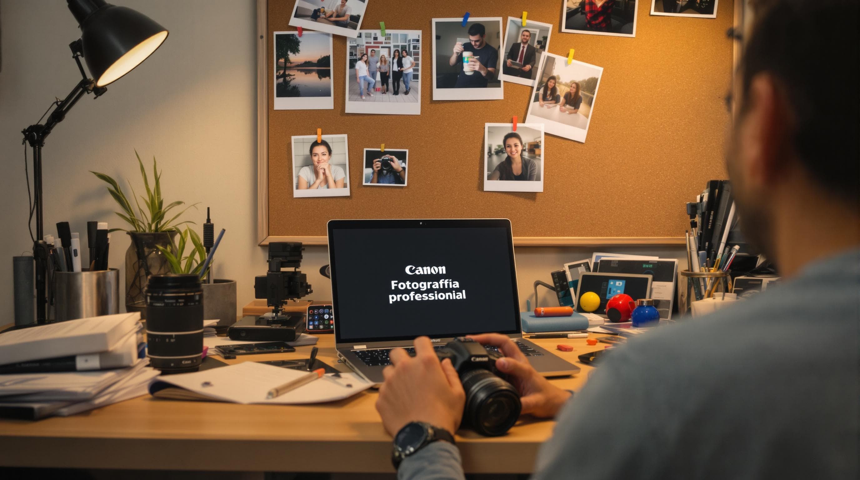 Student with camera and photos at desk, illustrating start of photography journey.