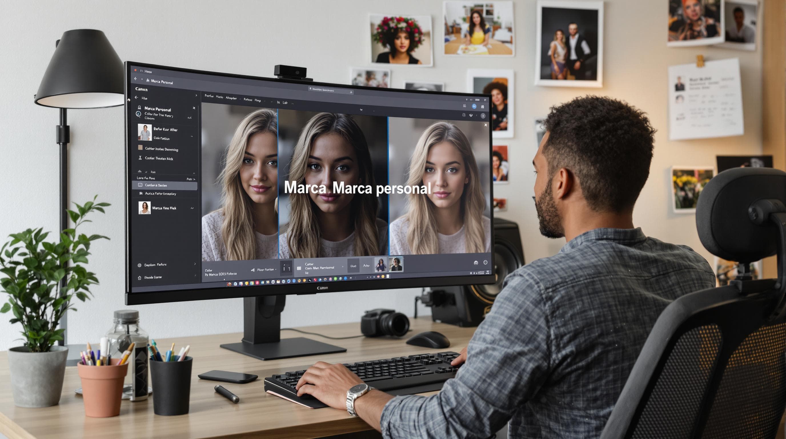 Student editing portrait on monitor, highlighting brand-building visual workflow.