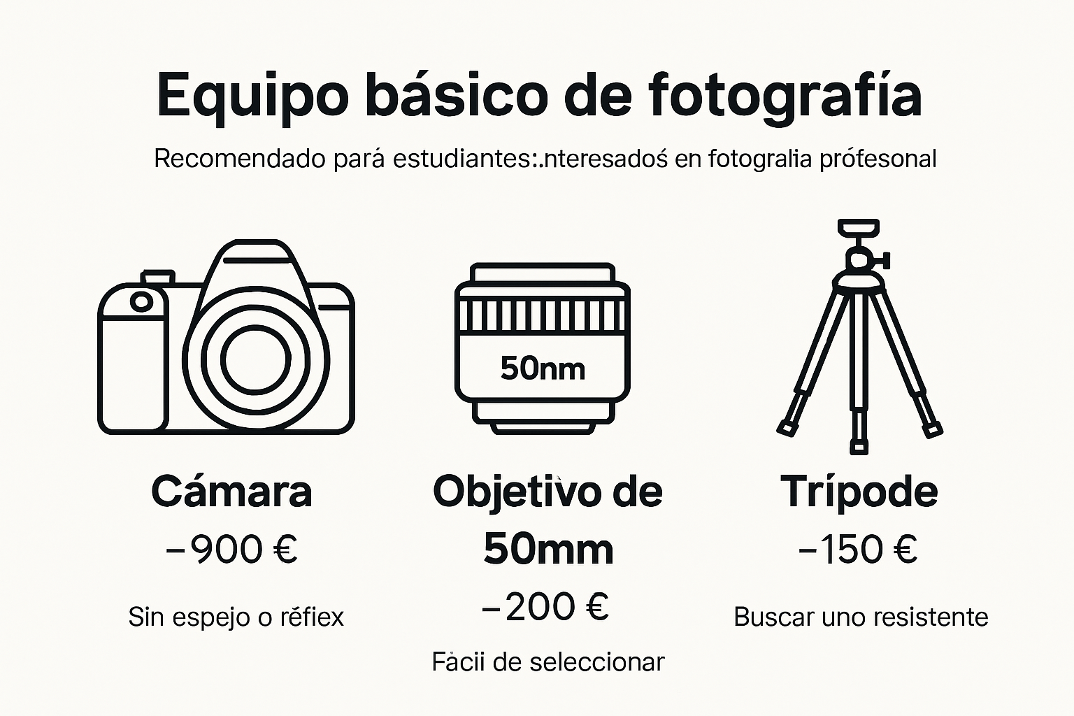 Infografía de equipo fotográfico básico para estudiantes.