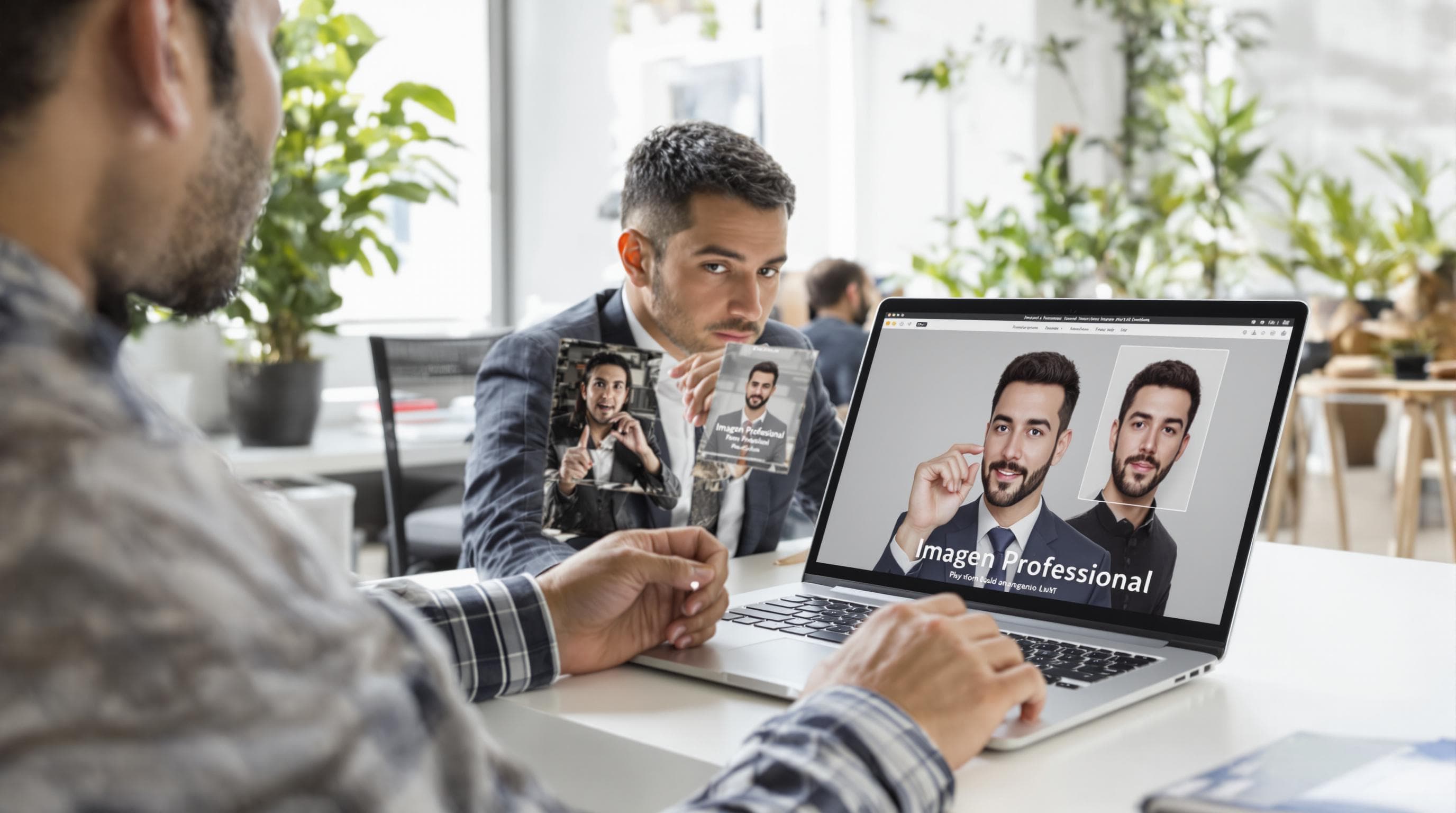 Professional reviews old and new photos, 'Imagen Profesional' on screen